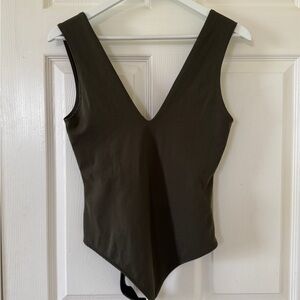 Free People Intimately Bodysuit M Olive Green V-Neck Minimal Fall Layering NWOT